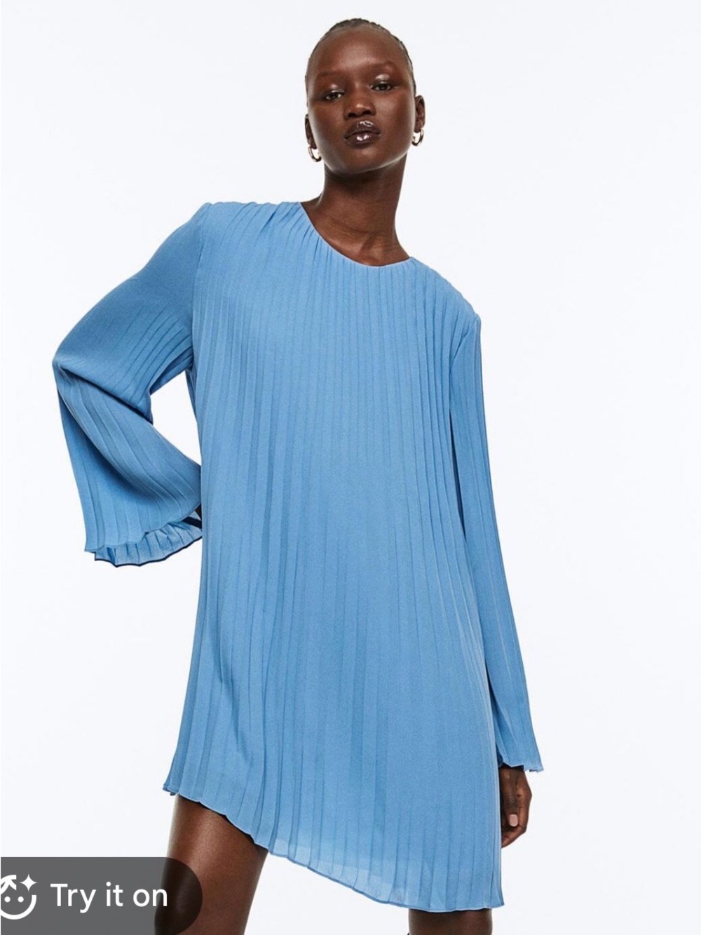 H&M Light Blue Asymmetrical Pleated Mini Dress